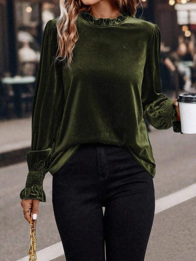 SHEIN Clasi Dames effen kleur ruche rand lange mouwen casual top, dagelijks gebruik