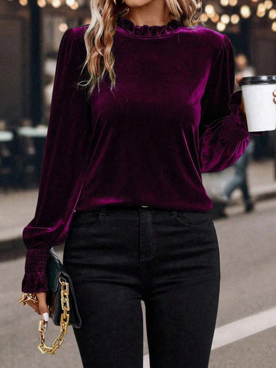 SHEIN Clasi Dames effen kleur ruche rand lange mouwen casual top, dagelijks gebruik