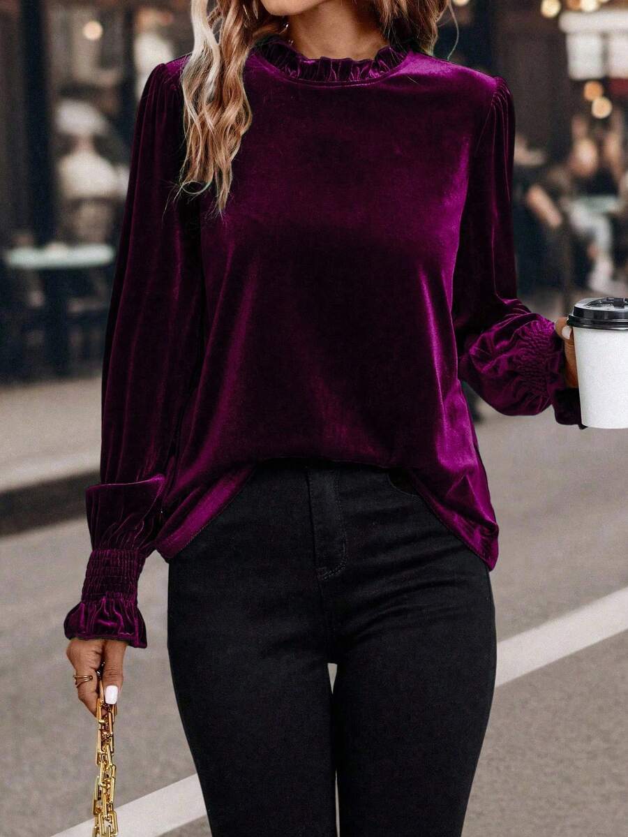 SHEIN Clasi Dames effen kleur ruche rand lange mouwen casual top, dagelijks gebruik