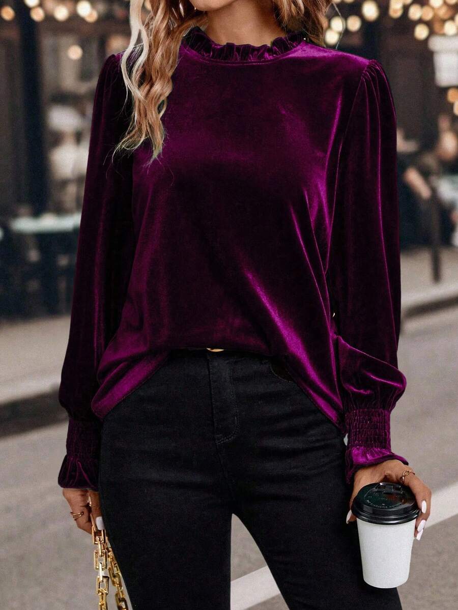 SHEIN Clasi Dames effen kleur ruche rand lange mouwen casual top, dagelijks gebruik