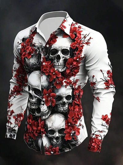 Heren klassiek retro casual overhemd met lange mouwen, kerst- en Halloween-overhemd met schedel en rozenprint, geschikt voor lente-/herfstvakantie-outfits