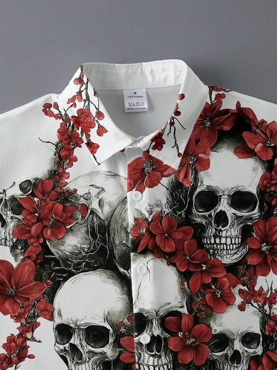 Heren klassiek retro casual overhemd met lange mouwen, kerst- en Halloween-overhemd met schedel en rozenprint, geschikt voor lente-/herfstvakantie-outfits