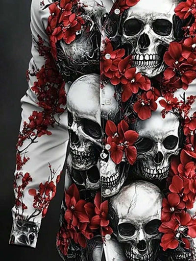 Heren klassiek retro casual overhemd met lange mouwen, kerst- en Halloween-overhemd met schedel en rozenprint, geschikt voor lente-/herfstvakantie-outfits