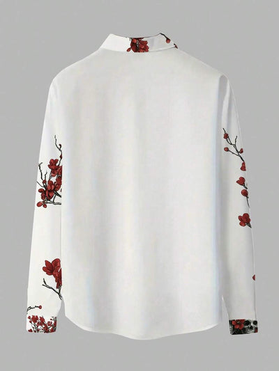 Heren klassiek retro casual overhemd met lange mouwen, kerst- en Halloween-overhemd met schedel en rozenprint, geschikt voor lente-/herfstvakantie-outfits
