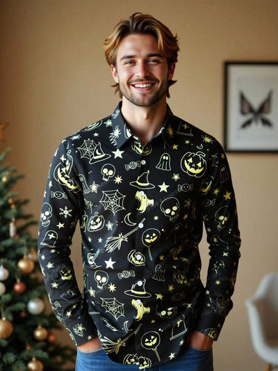 HIMLAND Heren luipaardprint overhemd met knoopsluiting, lange mouwen en casual look, voor de herfst