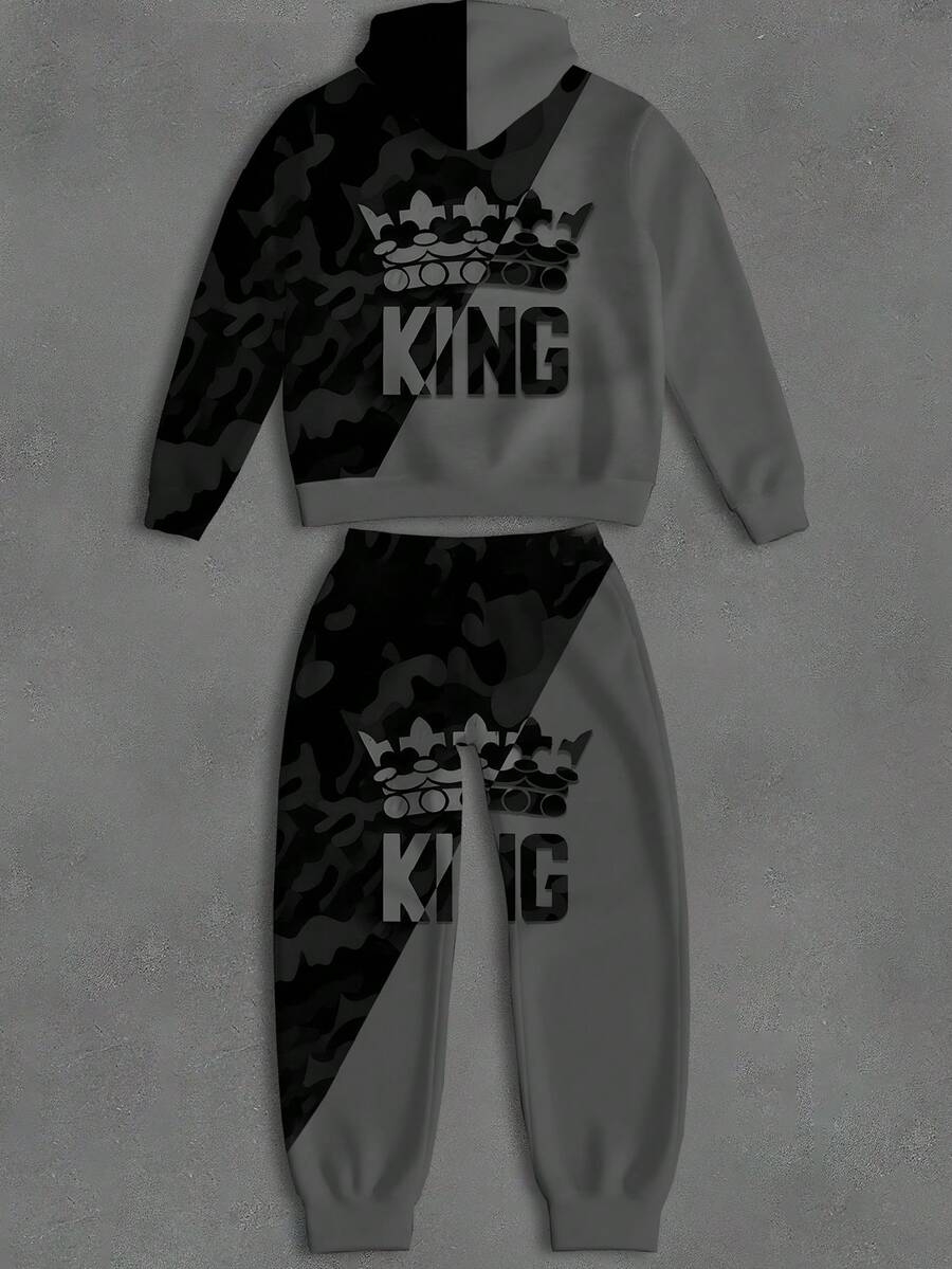 Heren Colorblock 3D digitale print "King" letterpatroon plus size hoodie met capuchon en broekset, heren top met lange mouwen en trainingsbroek sportkledingset, herfstkleding