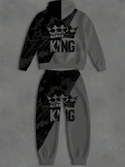 Heren Colorblock 3D digitale print "King" letterpatroon plus size hoodie met capuchon en broekset, heren top met lange mouwen en trainingsbroek sportkledingset, herfstkleding