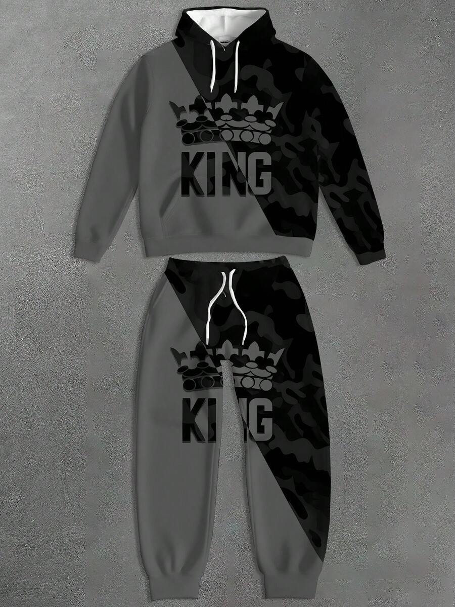 Heren Colorblock 3D digitale print "King" letterpatroon plus size hoodie met capuchon en broekset, heren top met lange mouwen en trainingsbroek sportkledingset, herfstkleding