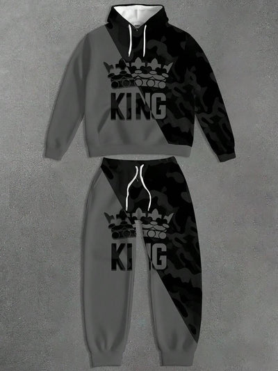 Heren Colorblock 3D digitale print "King" letterpatroon plus size hoodie met capuchon en broekset, heren top met lange mouwen en trainingsbroek sportkledingset, herfstkleding