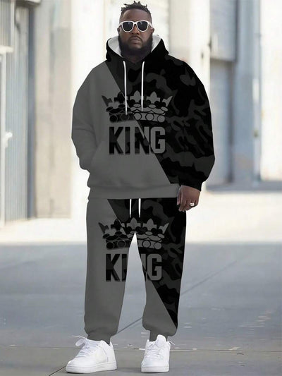 Heren Colorblock 3D digitale print "King" letterpatroon plus size hoodie met capuchon en broekset, heren top met lange mouwen en trainingsbroek sportkledingset, herfstkleding