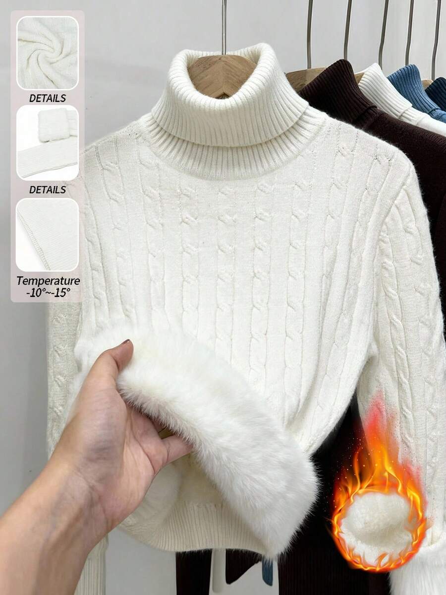 Franclia Dames Hoge Hals Effen Kleur Lange Mouw Casual Trui Met Thermische Voering, Herfst/Winter, Lange Mouw Tops