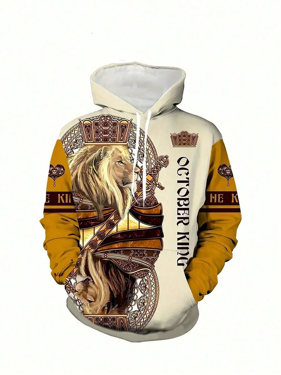 2-delige heren hoodie en broek met leeuwenpatroon, modieuze pyjamaset - zachte, licht rekbare polyester sweatshirt met lange mouwen en joggingbroek, machinewasbaar - geometrisch patroon, normale pasvorm, gebreide stof, geen chemische reiniging, herfstkled