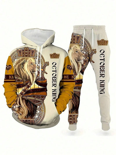 2-delige heren hoodie en broek met leeuwenpatroon, modieuze pyjamaset - zachte, licht rekbare polyester sweatshirt met lange mouwen en joggingbroek, machinewasbaar - geometrisch patroon, normale pasvorm, gebreide stof, geen chemische reiniging, herfstkled