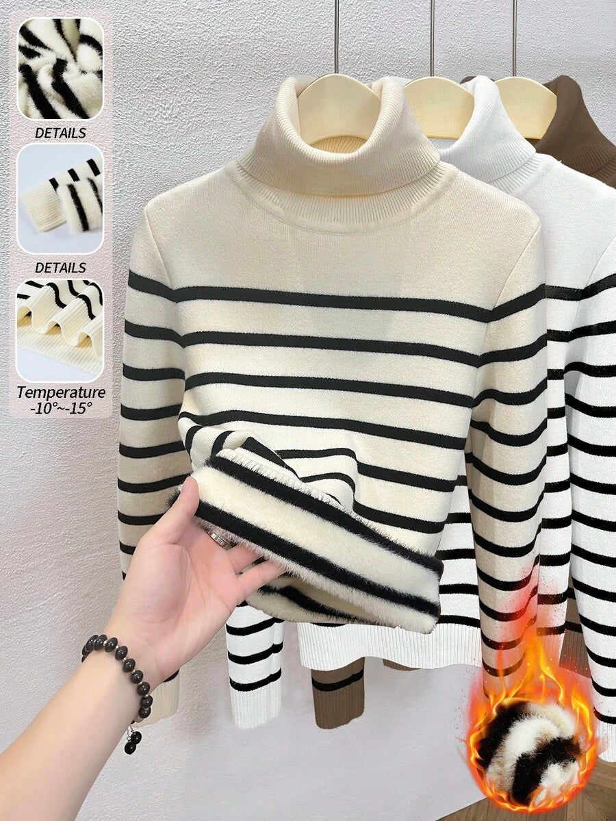 Franclia Dames Hoge Hals Effen Kleur Lange Mouw Casual Trui Met Thermische Voering, Herfst/Winter, Lange Mouw Tops