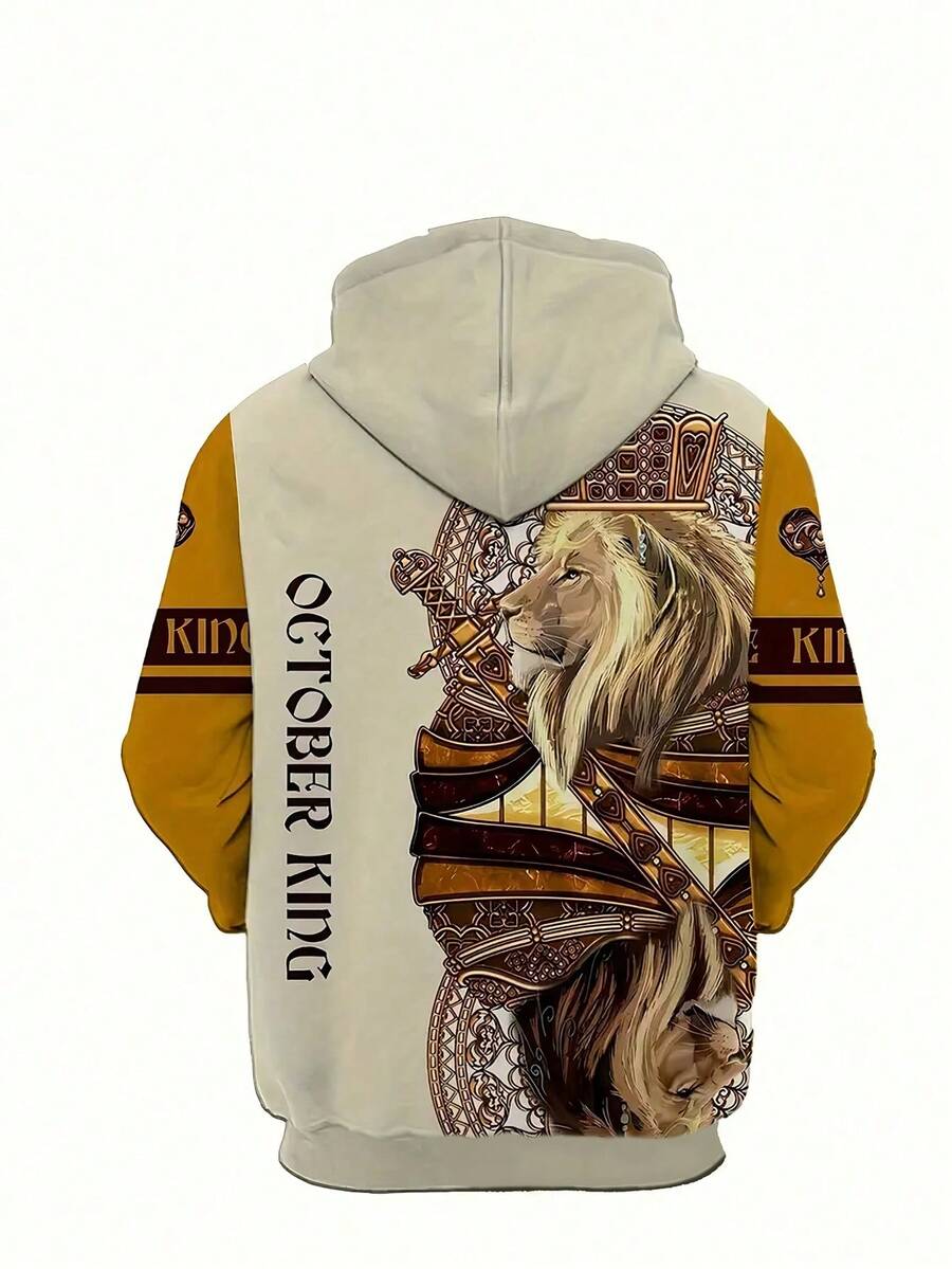 2-delige heren hoodie en broek met leeuwenpatroon, modieuze pyjamaset - zachte, licht rekbare polyester sweatshirt met lange mouwen en joggingbroek, machinewasbaar - geometrisch patroon, normale pasvorm, gebreide stof, geen chemische reiniging, herfstkled