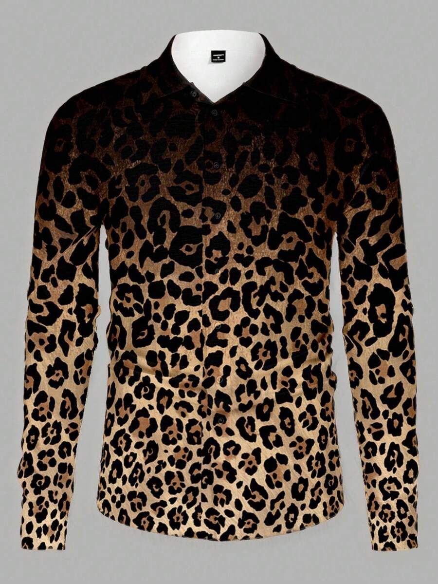 HIMLAND Heren luipaardprint overhemd met knoopsluiting, lange mouwen en casual look, voor de herfst