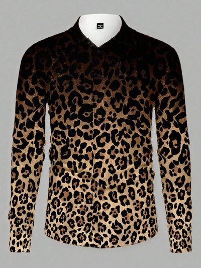 HIMLAND Heren luipaardprint overhemd met knoopsluiting, lange mouwen en casual look, voor de herfst