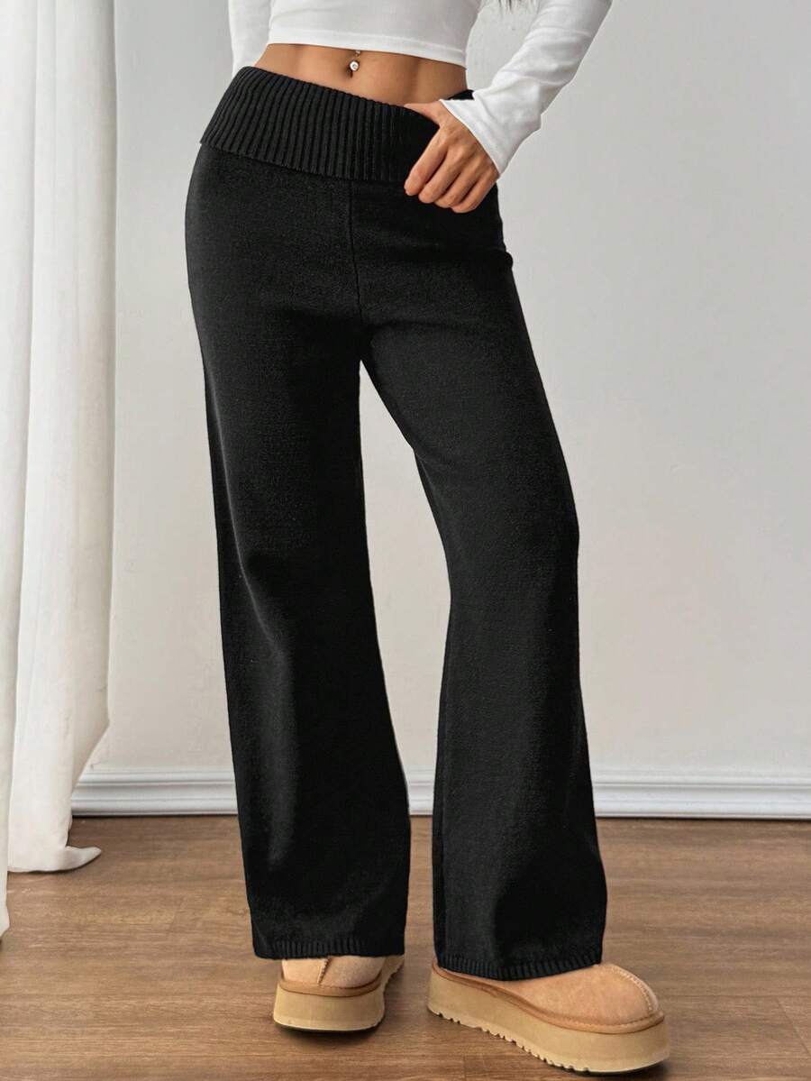 SHEIN PETITE Casual gebreide broek met omslagband voor dames, herfst/winter