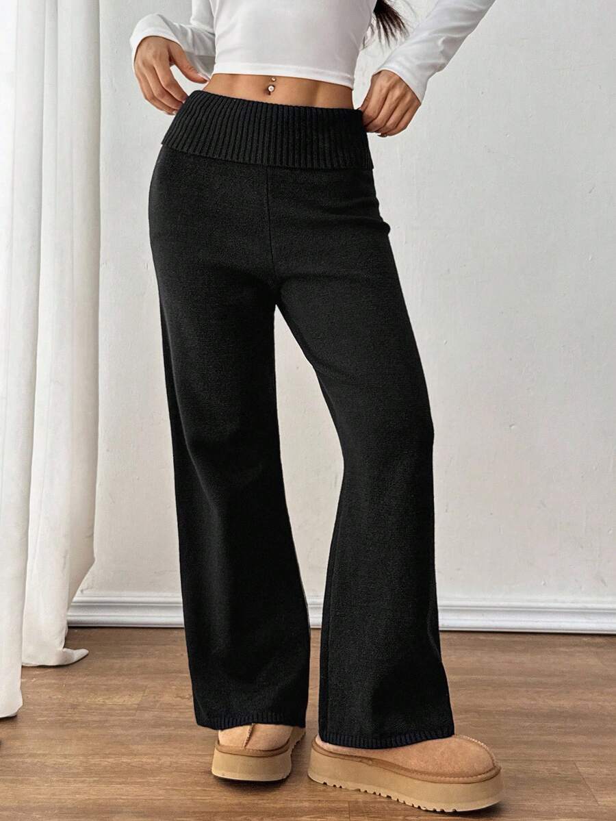 SHEIN PETITE Casual gebreide broek met omslagband voor dames, herfst/winter