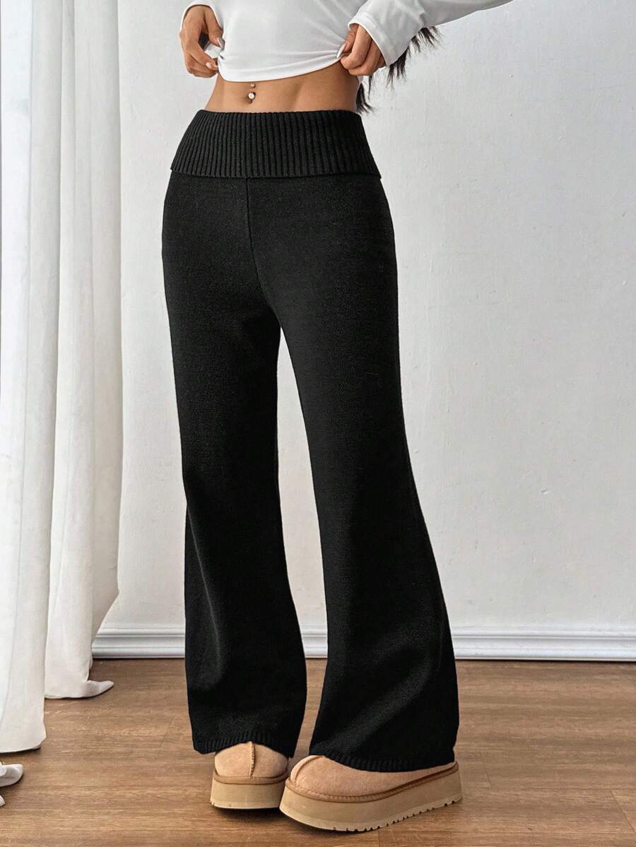 SHEIN PETITE Casual gebreide broek met omslagband voor dames, herfst/winter