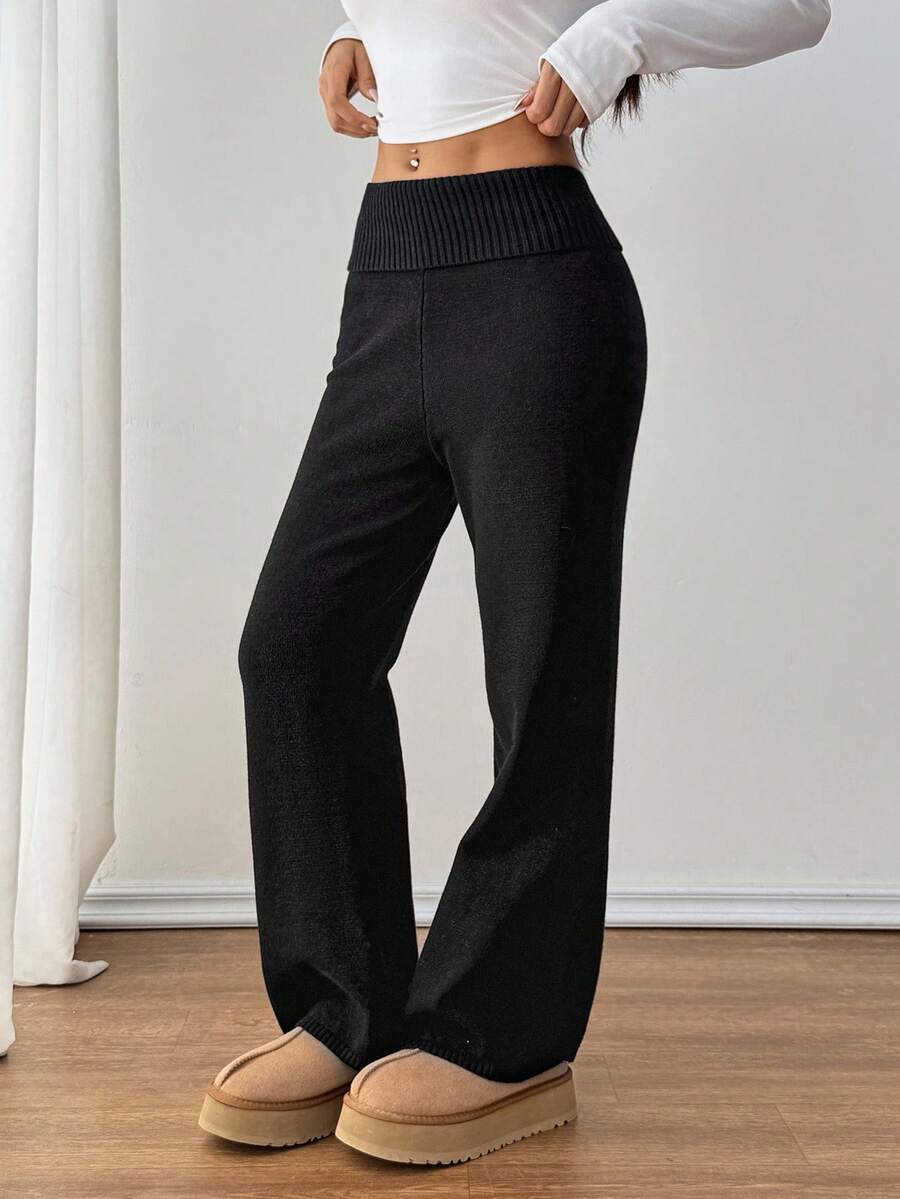 SHEIN PETITE Casual gebreide broek met omslagband voor dames, herfst/winter
