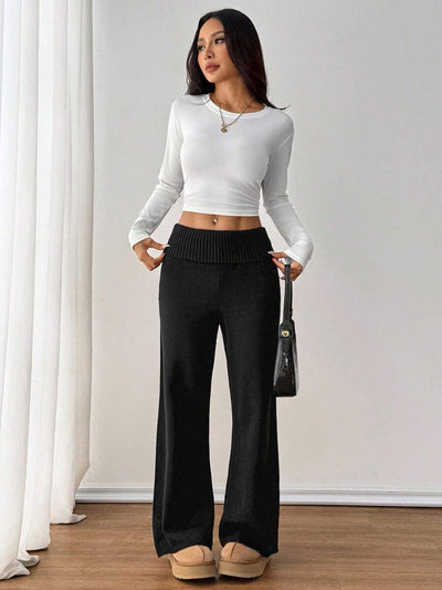SHEIN PETITE Casual gebreide broek met omslagband voor dames, herfst/winter