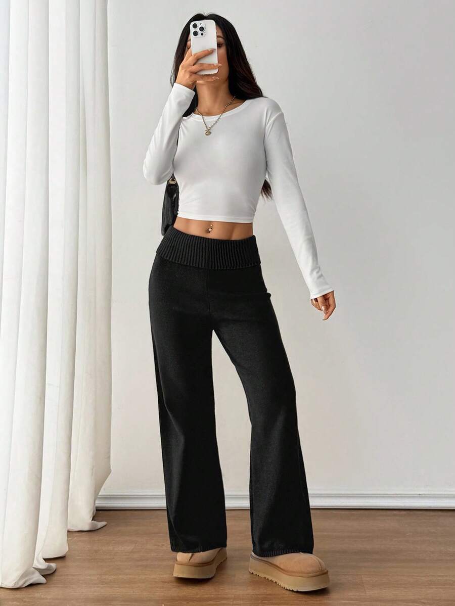 SHEIN PETITE Casual gebreide broek met omslagband voor dames, herfst/winter