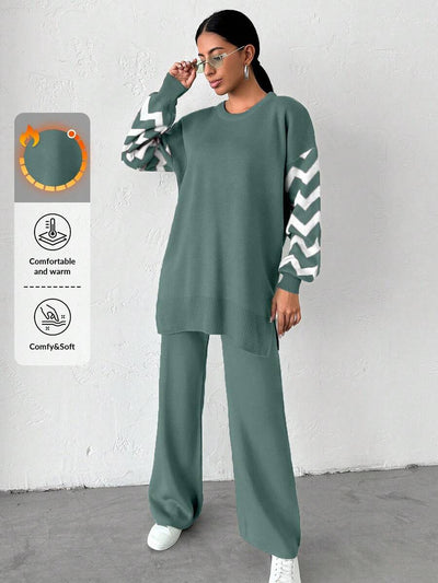 Dames effen kleur pareldetail ronde hals drop shoulder pullover & sweater broek set