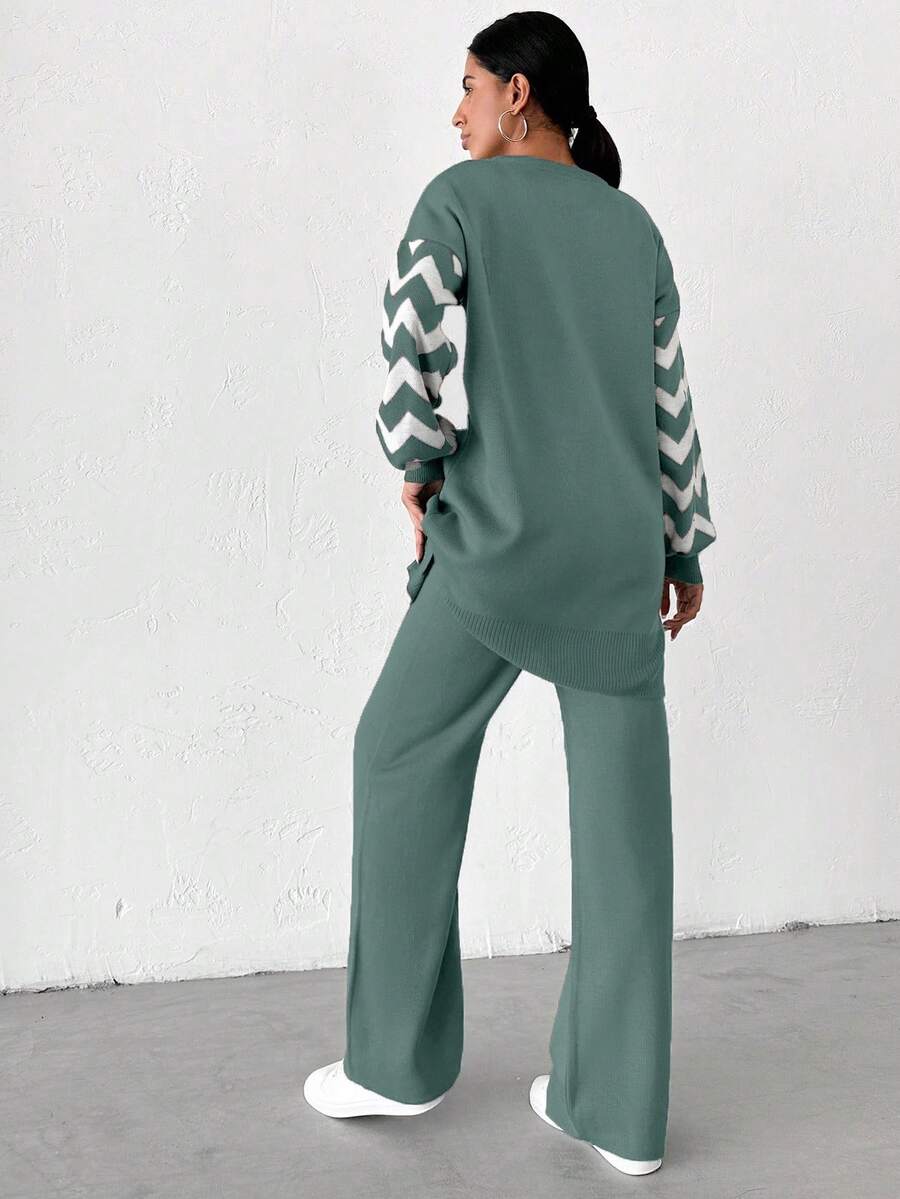 Dames effen kleur pareldetail ronde hals drop shoulder pullover & sweater broek set