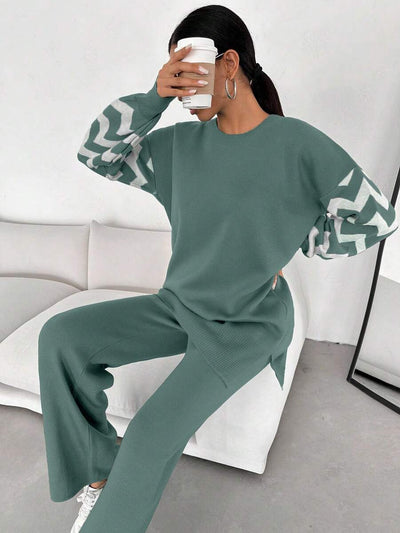 Dames effen kleur pareldetail ronde hals drop shoulder pullover & sweater broek set