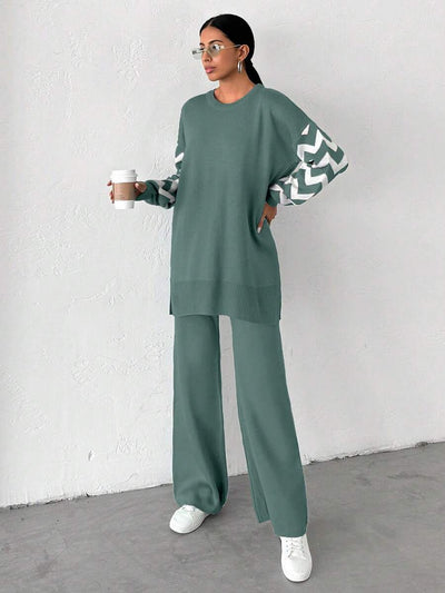 Dames effen kleur pareldetail ronde hals drop shoulder pullover & sweater broek set
