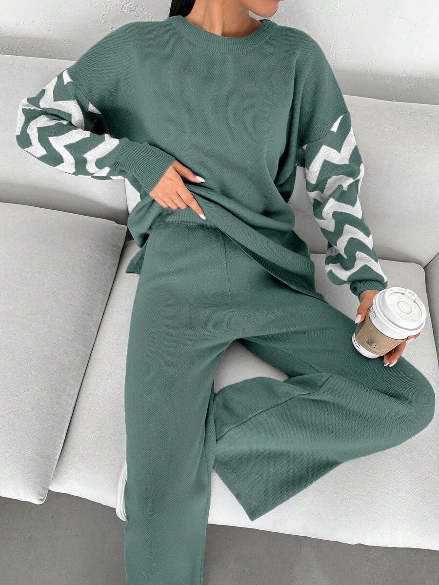 Dames effen kleur pareldetail ronde hals drop shoulder pullover & sweater broek set