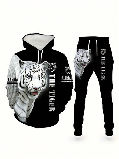 Roaring Tiger Print Heren Hoodie & Joggingbroek Set - Comfortabele Sportkleding Trainingspak, Lange Mouwen Loungewear, Opvallende Nieuwe Pyjama's voor een Casual Stijl, Herfstkleding