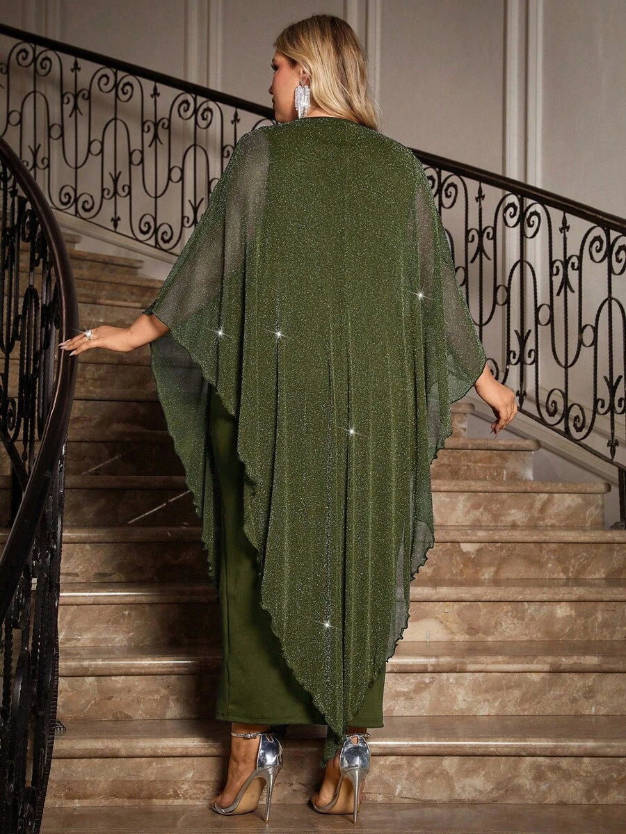 Gownix Plus Size Elegante Chiffon Jurk Lange Cape Overlay Bruiloftsgast Formele Cocktail Moeder Van Bruid Outfit
