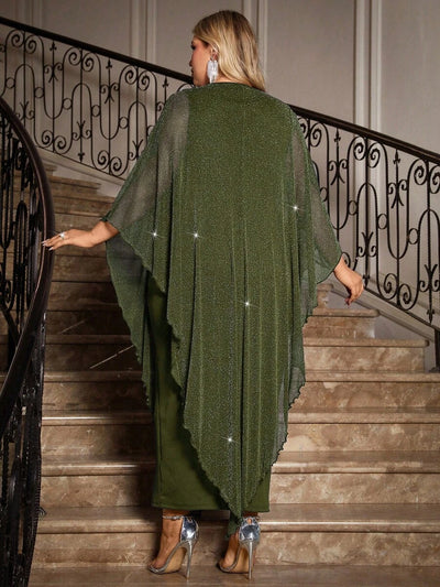 Gownix Plus Size Elegante Chiffon Jurk Lange Cape Overlay Bruiloftsgast Formele Cocktail Moeder Van Bruid Outfit