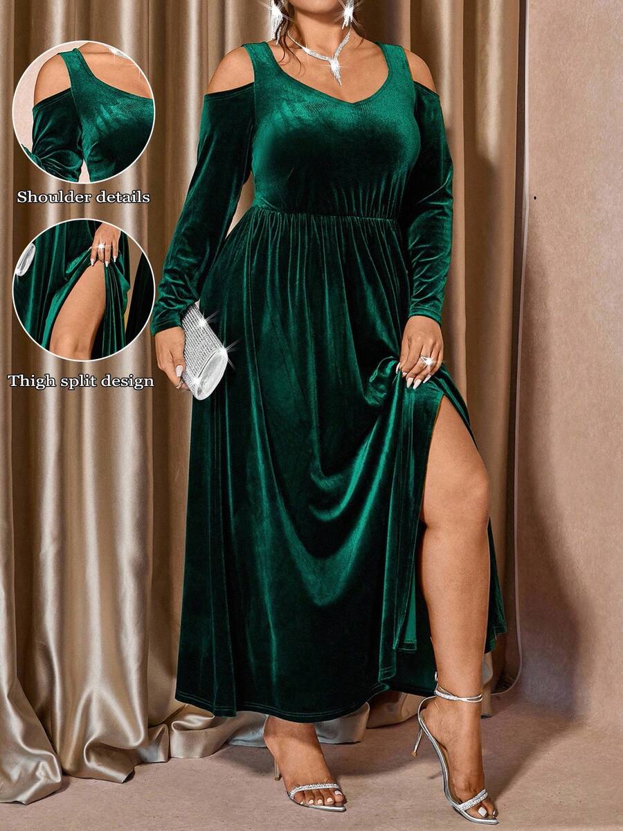 Cravure Plus-size dames fluwelen sweetheart hals lange mouw jurk, modieus voor woon-werkverkeer