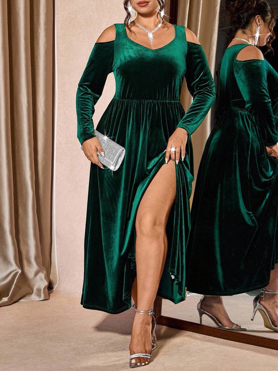Cravure Plus-size dames fluwelen sweetheart hals lange mouw jurk, modieus voor woon-werkverkeer