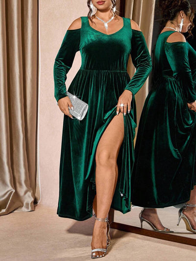 Cravure Plus-size dames fluwelen sweetheart hals lange mouw jurk, modieus voor woon-werkverkeer