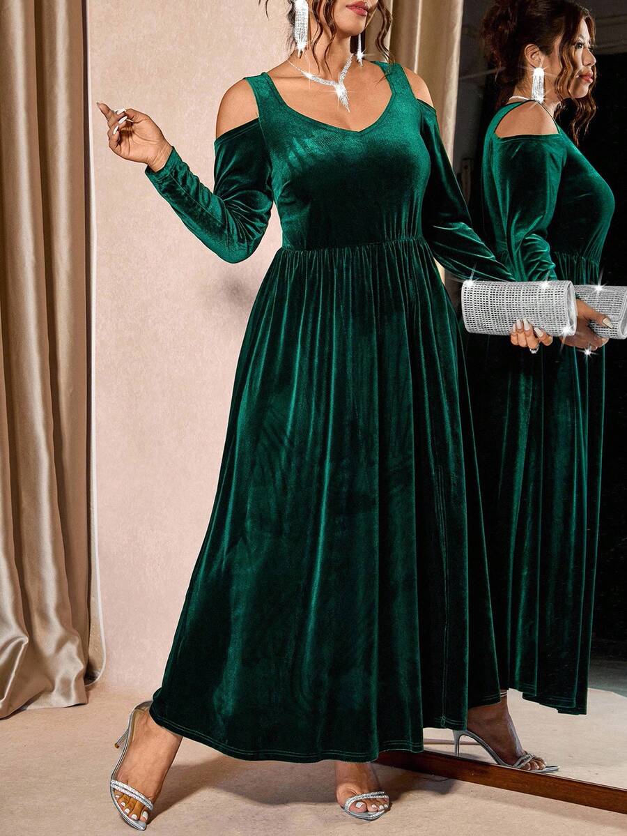 Cravure Plus-size dames fluwelen sweetheart hals lange mouw jurk, modieus voor woon-werkverkeer