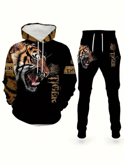 Roaring Tiger Print Heren Hoodie & Joggingbroek Set - Comfortabele Sportkleding Trainingspak, Lange Mouwen Loungewear, Opvallende Nieuwe Pyjama's voor een Casual Stijl, Herfstkleding