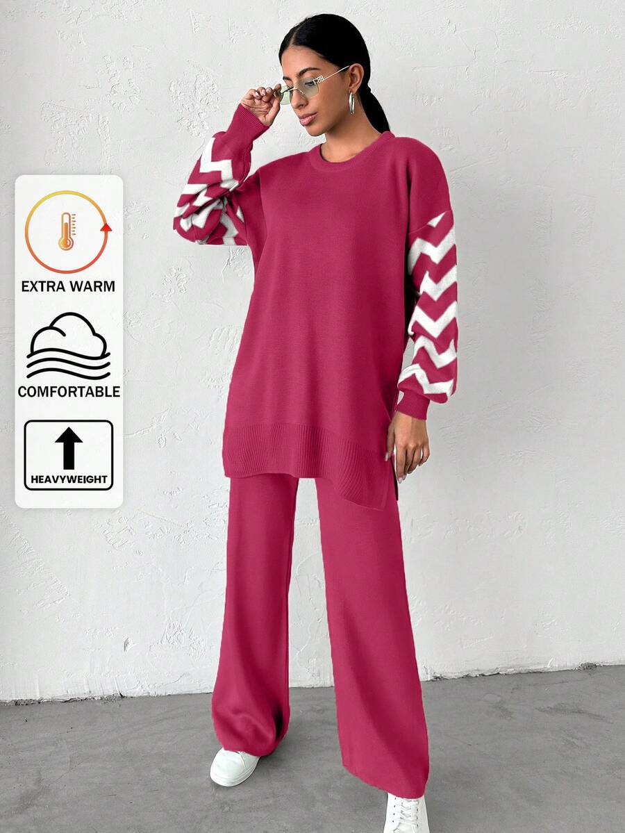Dames effen kleur pareldetail ronde hals drop shoulder pullover & sweater broek set