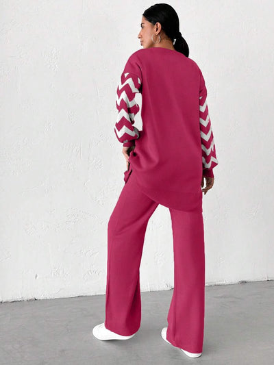 Dames effen kleur pareldetail ronde hals drop shoulder pullover & sweater broek set