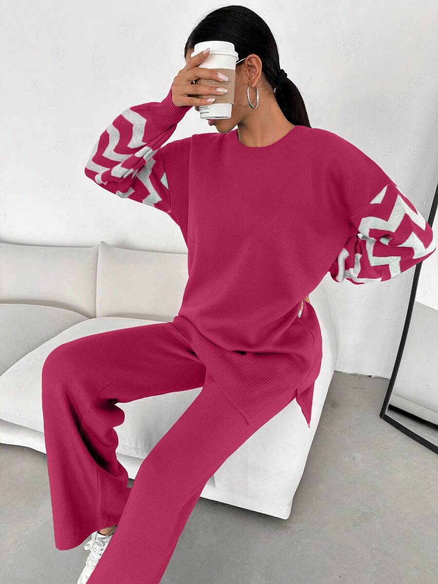 Dames effen kleur pareldetail ronde hals drop shoulder pullover & sweater broek set