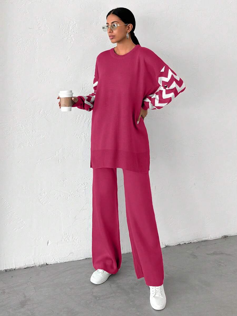 Dames effen kleur pareldetail ronde hals drop shoulder pullover & sweater broek set