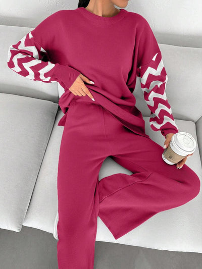 Dames effen kleur pareldetail ronde hals drop shoulder pullover & sweater broek set