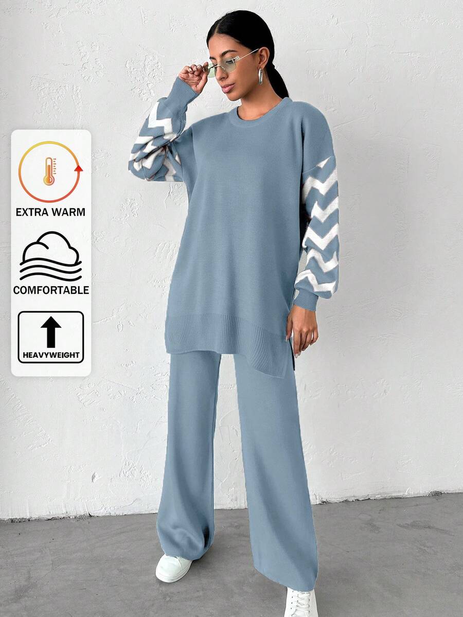 Dames effen kleur pareldetail ronde hals drop shoulder pullover & sweater broek set