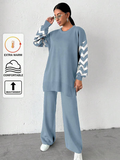 Dames effen kleur pareldetail ronde hals drop shoulder pullover & sweater broek set