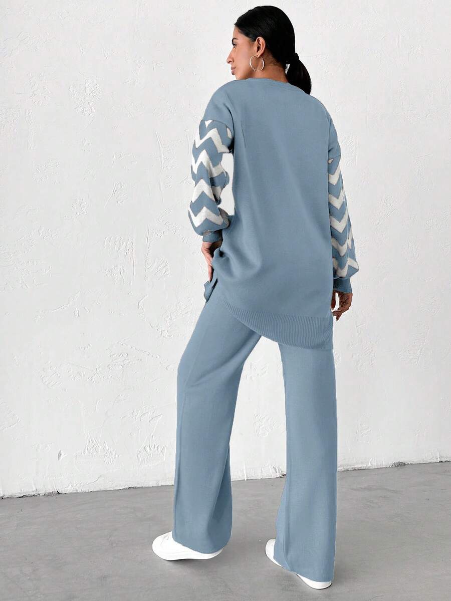 Dames effen kleur pareldetail ronde hals drop shoulder pullover & sweater broek set