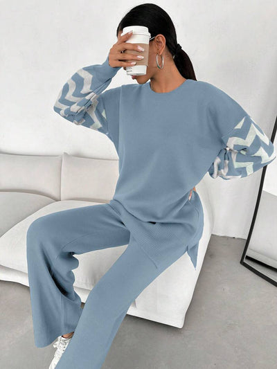 Dames effen kleur pareldetail ronde hals drop shoulder pullover & sweater broek set