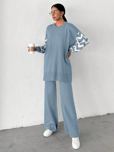 Dames effen kleur pareldetail ronde hals drop shoulder pullover & sweater broek set